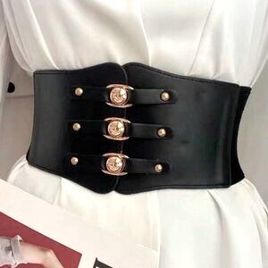 Black Wide Waist Belt with Gold Buckles